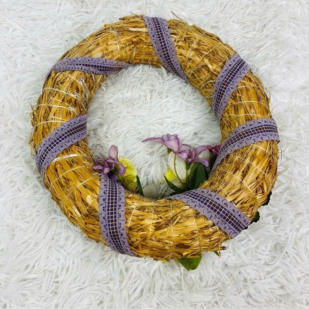 UNBRANDED vintage tan wicker rattan flower floral small retro wreath
